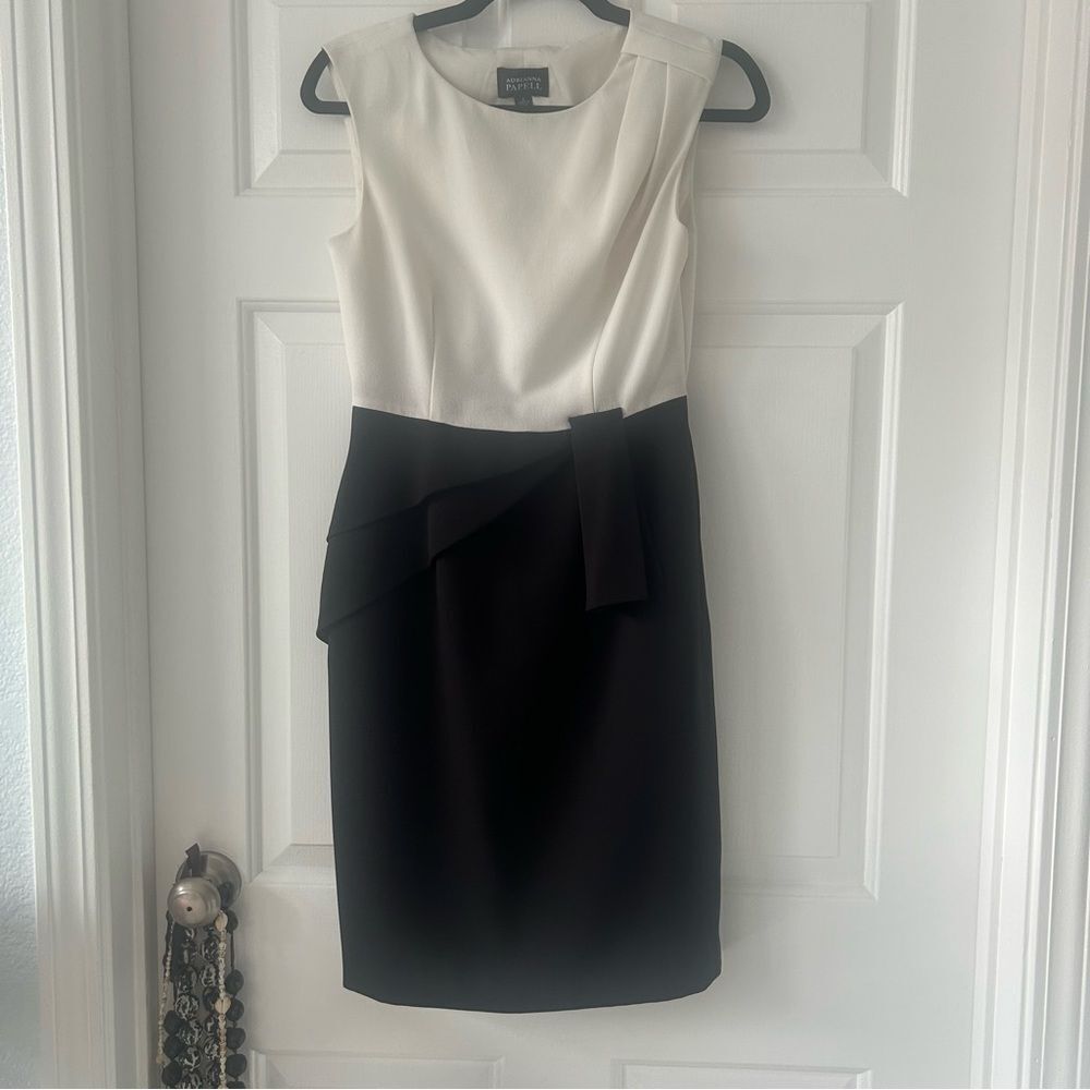 Adrianna Papell Black and White Pleated Work or Cocktail Dress